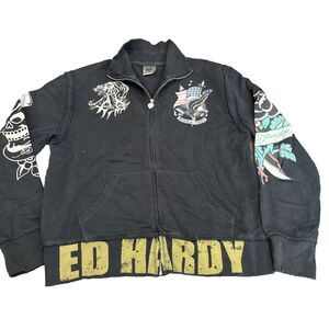 Ed Hardy by Christian Audigier Hoodie BORN FREE 2XL Black Full-Zip RARE